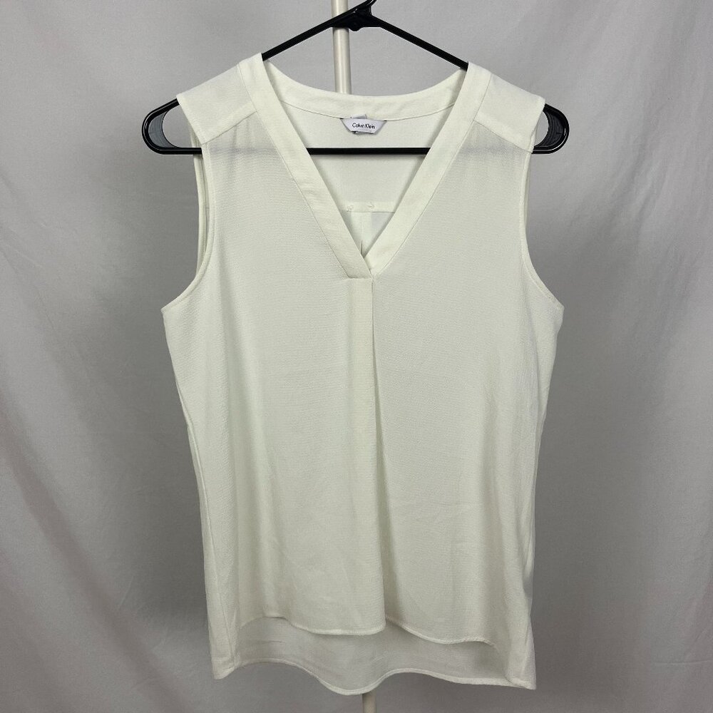 Calvin Klein White Cream Sheer Sleeveless Flowy V Neck Tank Top Blouse Size XS